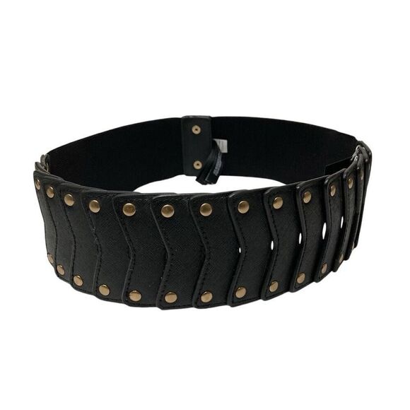 Bebe black faux vegan leather studded stretch snap closure belt M/L NEW - Picture 1 of 10